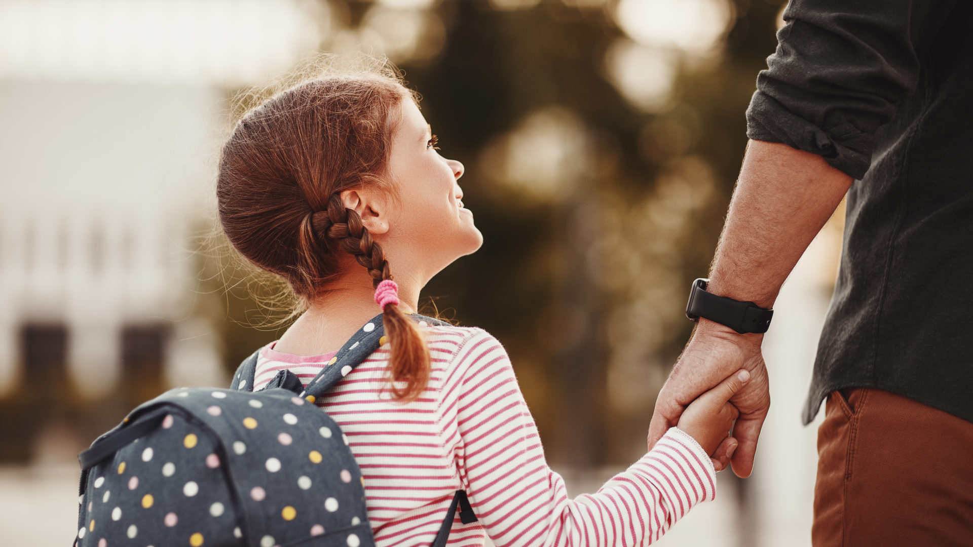 first day at school. father leads  little child school girl in first grade